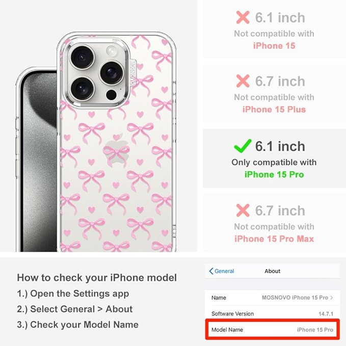 MOSNOVO Case for iPhone 15 Pro, [Buffertech 6.6ft Military-Grade Drop Protection] [Anti Peel Off Tech] Clear TPU Bumper Phone Case Cover Design - Bowtiful Love