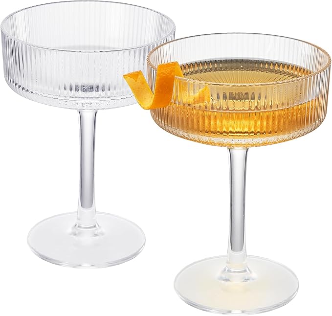 ACRYLIC Ribbed Coupe Glasses Set of 2 – 8oz Clear Shatterproof Acrylic (NOT GLASS) Cocktail, Martini & Champagne – 4in Dia 5.5in Tall, Reusable Plastic Cocktail Coupes, Towers, Indoor & Outdoor Use