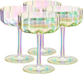 Khen Shatterproof Acrylic Flower Wavy Vintage Art Deco Martini, Champagne & Cocktail Iridescent Rainbow Plastic Tritan Coupe Glasses | 4 Set | 8.5oz Glassware Classic Cocktail Indoor & Outdoor Set