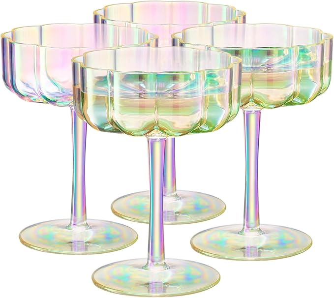 Khen Shatterproof Acrylic Flower Wavy Vintage Art Deco Martini, Champagne & Cocktail Iridescent Rainbow Plastic Tritan Coupe Glasses | 4 Set | 8.5oz Glassware Classic Cocktail Indoor & Outdoor Set