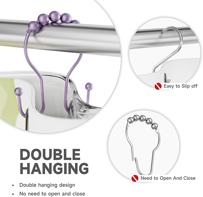 Bathway Shower Curtain Hooks, Shower Curtain Rings Rust Proof Double Hook Shower Curtain Hooks, 12 Pcs Purple Shower Hooks for Shower Curtain, Shower Rings for Curtain, Metal Shower Rod Hooks