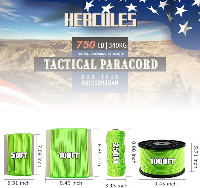 HERCULES 750lb Paracord 4mm 11 Strands Tactical Parachute Cord, 50' 100' 250' 1000' Utility Rope for Camping, Survival, Outdoor Gear (Neon Green, 250FT)