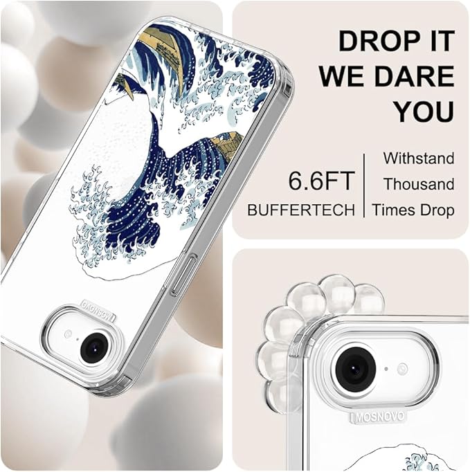 MOSNOVO for iPhone 17e Case/iPhone 16e Case, Shockproof Military-Grade Protection 6.6ft Drop Tested, Clear Phone Case for iPhone 16e / iPhone 17e, Great Wave Design