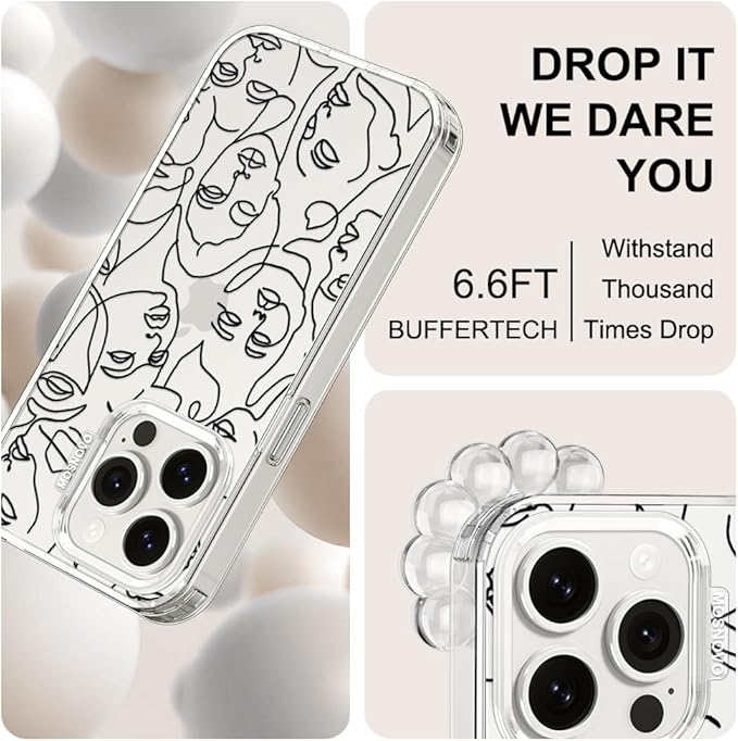 MOSNOVO Case for iPhone 15 Pro, [Buffertech 6.6ft Military-Grade Drop Protection] [Anti Peel Off Tech] Clear TPU Bumper Phone Case Cover Design - Abstract Face Line Art