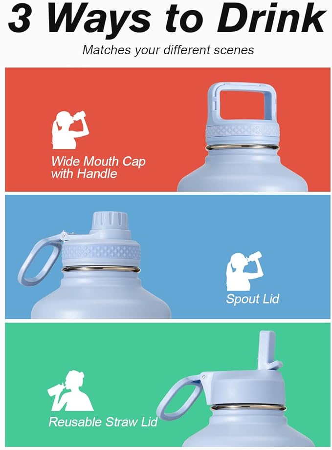 Coolflask 128 oz Gallon Water Bottle Insulated with Straw&3 Lids, Water Jug Large Stainless Steel Metal Vacuum Wide Mouth for Sports, Gym or Office, Non-BPA Keep Cold 48H Hot 24H, Light Blue