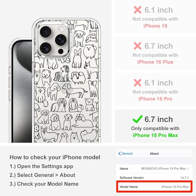 MOSNOVO Case for iPhone 15 Pro Max, [Buffertech 6.6ft Military-Grade Drop Protection] [Anti Peel Off Tech] Clear TPU Bumper Phone Case Cover Design - Doodle Dog