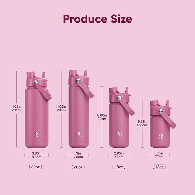 Kids Insulated Water Bottle with Straw - 12oz Stainless Steel Water Bottle with Dual Spouts, Leak-Proof, BPA-Free, Double Wall Vacuum Keeps Cold for 24 Hours for Sports, Travel, School (Turkish Rose)