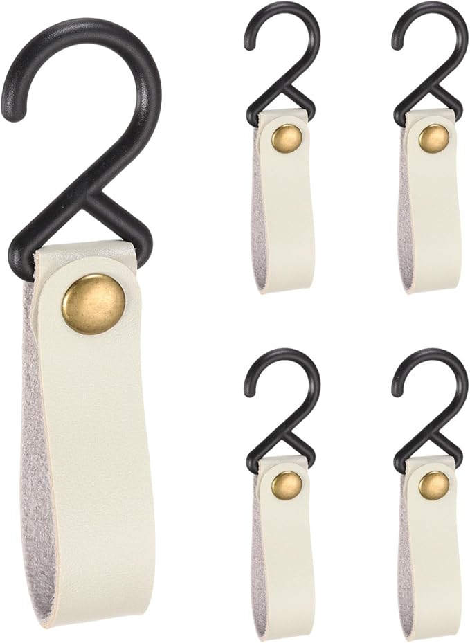 uxcell 5pcs PU Leather Hooks, S-Shape Hooks for Outdoor Camping Hanging Pots Pans Utensils Light Grey