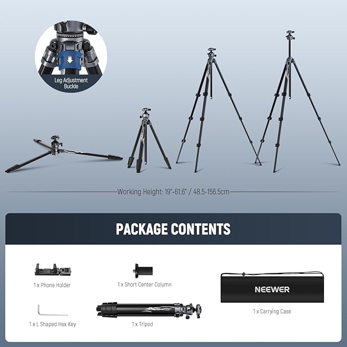 NEEWER LITETRIP LT07 61" Aluminum Travel Tripod for Camera w Pan Tilt Low Profile Ball Head, Arca QR Plate Compatible with PD Tripod Plate, Dual Center Axis, Phone Holder, Max Load 22lb