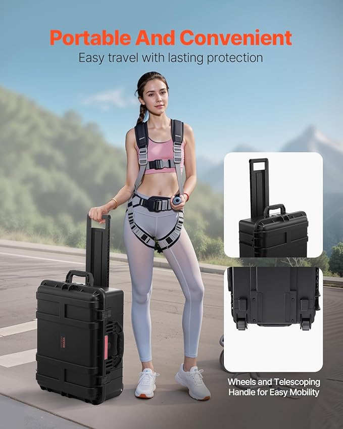 VEVOR Weatherproof Hard Case, Heavy Duty Protective Dry Box with Pre-Cut Foam, Wheels & Retractable Pull Handles for Travel, Hunt, Military, Tactical, IP67 Waterproof Case for Cameras(57x45x28)
