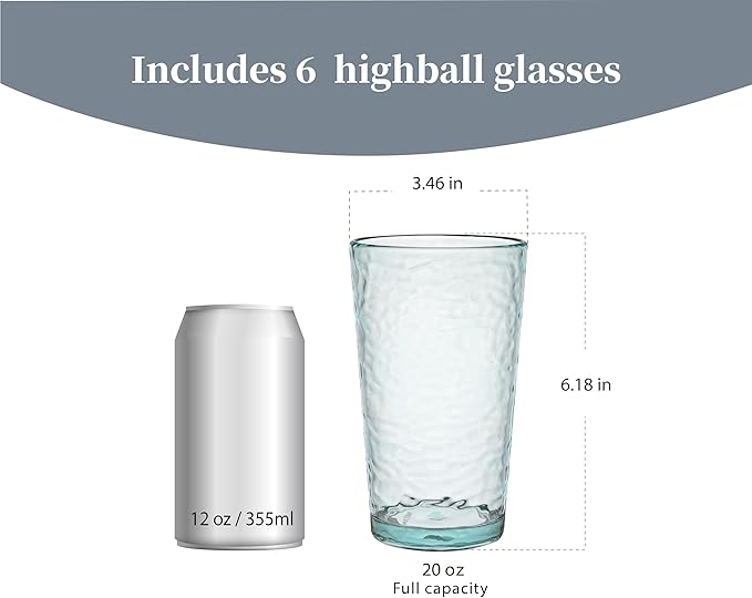 KLIFA- NICE- 20 ounce, Set of 6, Acrylic Highball Drinking Glasses, BPA-Free, Stackable Plastic Drinkware, Dishwasher Safe Cups, Light Teal