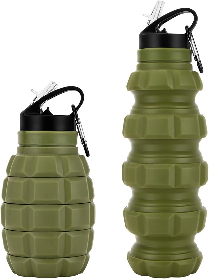Collapsible Travel Water Bottle 19.6 oz, Reuseable Silicone Foldable Water Bottles for Gym Camping Hiking, Portable Leak Proof Sports Water Bottle with Carabiner (Noble Army Green)
