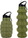 Collapsible Travel Water Bottle 19.6 oz, Reuseable Silicone Foldable Water Bottles for Gym Camping Hiking, Portable Leak Proof Sports Water Bottle with Carabiner (Noble Army Green)