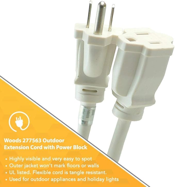 Woods 277563 Outdoor Extension Power Block; Weatherproof with Reinforced Blades; Heavy Duty Vinyl Jacket; Durable Cord; Tangle Free; 8-Foot; White