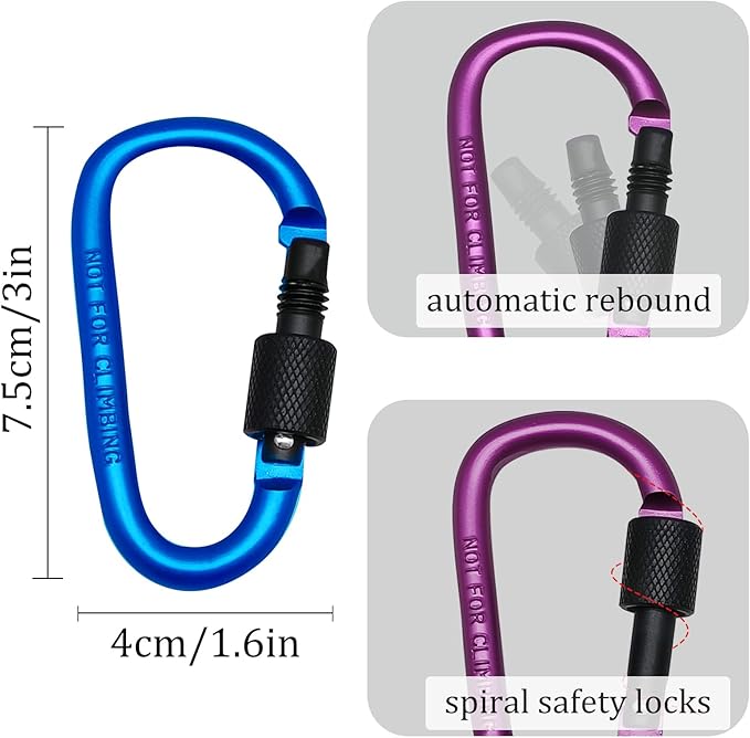 6 Pack Small Locking Carabiner, 3 Inch Aluminum D-Shape Snap Hook with Screw Gate for Hiking, Camping, Fishing&Backpack(Not for Climbing)