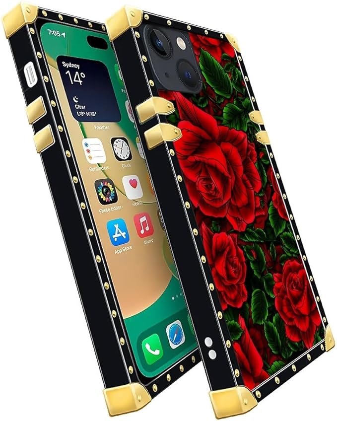 Compatible with iPhone 14 Case, Vector Red Rose Green Leaf Luxury Golden Decoration for Girl Women Soft TPU Shockproof Protective Hard PC Back for iPhone 14