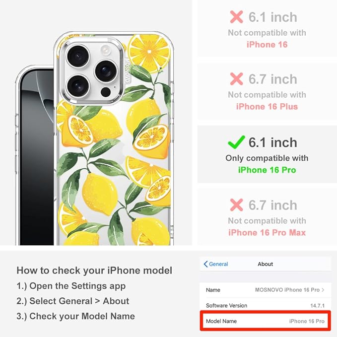 MOSNOVO Case for iPhone 16 Pro, [Buffertech 6.6ft Military-Grade Drop Protection] [Anti Peel Off Tech] Clear TPU Bumper Phone Case Cover Design - Lemon