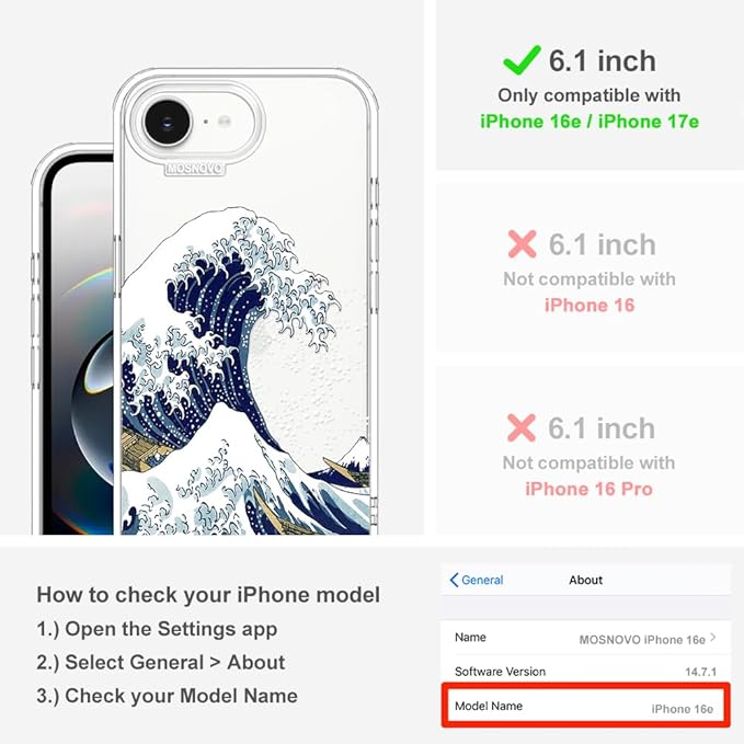 MOSNOVO for iPhone 17e Case/iPhone 16e Case, Shockproof Military-Grade Protection 6.6ft Drop Tested, Clear Phone Case for iPhone 16e / iPhone 17e, Great Wave Design