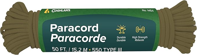 Coghlan's 50 ft Nylon Paracord, Olive Drab- Type III 550 Survival Rope with 7 Core Strands, 550 lbs Break Strength - Versatile Outdoor Gear for Camping, Shelter, Repair, and Emergency Preparedness