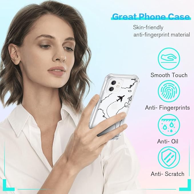 FANXI Minimalist Airplane Travel Map Phone Case Compatible with iPhone 11 (6.1 Inch) - Shockproof Clear Soft TPU Protective Cover with Airplane Design for Women Men and Girls