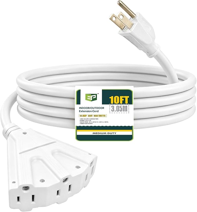 EP 10 Ft Outdoor Extension Cord with 3 Electrical Power Outlets - 16/3 SJTW White Cable with 3 Prong Grounded Plug for Safety Great for Christmas Lights, Garden and Major Appliances