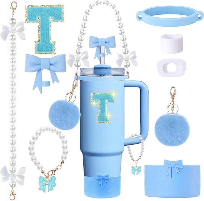 9pcs Stanley Cup Accessories Set- for 30oz 40oz Tumblers with Handle - Bule Kit Includes Bow Straw Topper and Boot, Charm, Pearl Handle Strap & Stickers - Aesthetic Girl Gifts (T)