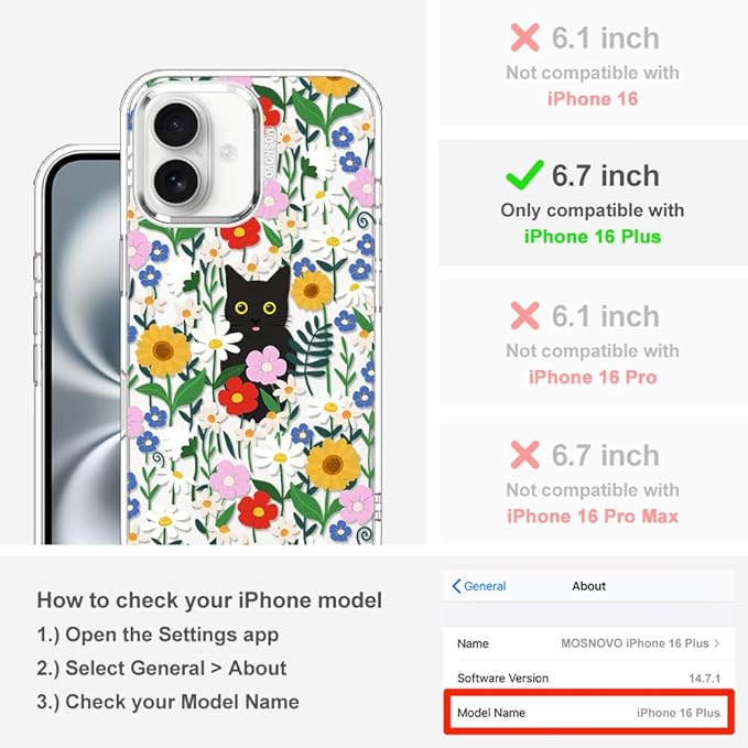 MOSNOVO Case for iPhone 16 Plus, [Buffertech 6.6ft Military-Grade Drop Protection] [Anti Peel Off Tech] Clear TPU Bumper Phone Case Cover Design - Black Cat in Garden