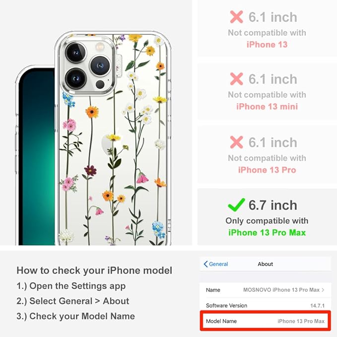 MOSNOVO Case for iPhone 13 Pro Max, [Buffertech 6.6ft Military-Grade Drop Protection] [Anti Peel Off Tech] Clear TPU Bumper Phone Case Cover Design - Wildflowers