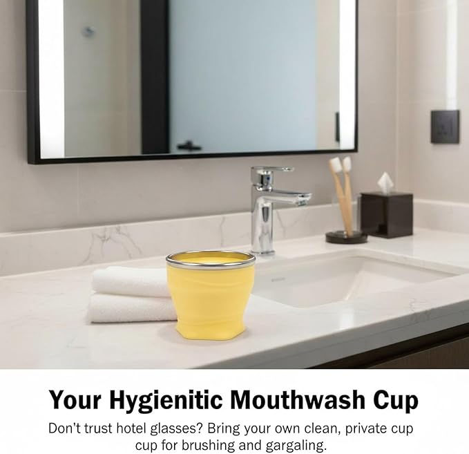 Collapsible Travel Cup with Lid (6oz/180ml) - BPA Free Silicone Folding Cup with Stainless Steel Rim - Portable Pocket Cup for Mouthwash, Pills,Hiking, Camping & Kids(Creamy yellow)
