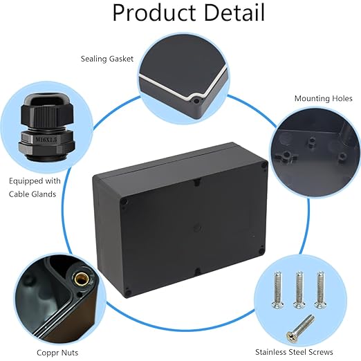 Junction Box IP65 Waterproof ABS Plastic Electrical Project Case Power Junction Boxes, Project Box with 4 PCS M16 Cable Glands 9.06x5.90x3.43 inch (230 x 150 x87 mm)