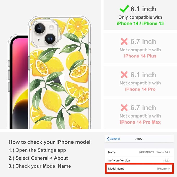 MOSNOVO for iPhone 13/14 Case | Military Grade 6.6ft Drop Tested | Clear with Lemon Design