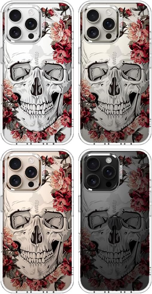 MOSNOVO Case for iPhone 16 Pro Max, [Buffertech 6.6ft Military-Grade Drop Protection] [Anti Peel Off Tech] Clear TPU Bumper Phone Case Cover Design - Red Flower Skull