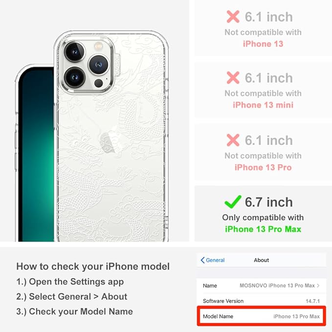MOSNOVO Case for iPhone 13 Pro Max, [Buffertech 6.6ft Military-Grade Drop Protection] [Anti Peel Off Tech] Clear TPU Bumper Phone Case Cover Design - White Dragon