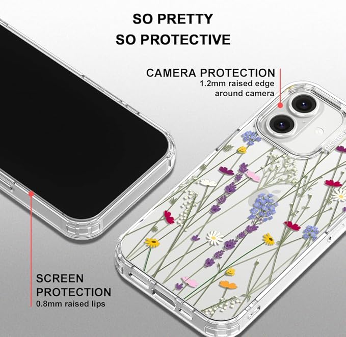 MOSNOVO Case for iPhone 16 Plus, [Buffertech 6.6ft Military-Grade Drop Protection] [Anti Peel Off Tech] Clear TPU Bumper Phone Case Cover Design - Floral Garden