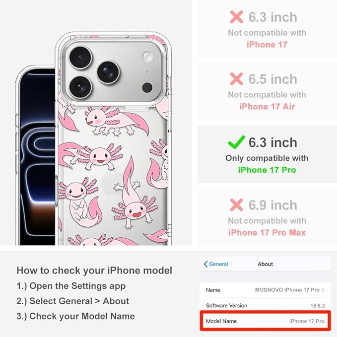 MOSNOVO for iPhone 17 Pro Case | Military Grade 6.6ft Drop Tested | Camera Control | Clear with Pink Axolotl Design