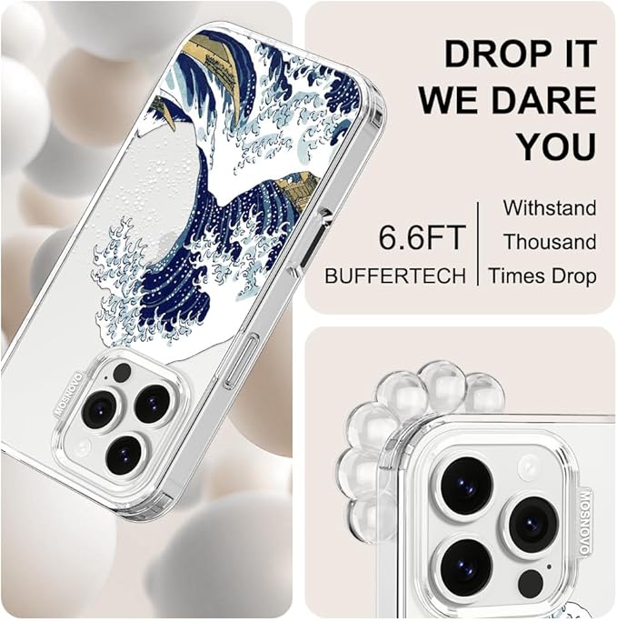 MOSNOVO Case for iPhone 16 Pro Max, [Buffertech 6.6ft Military-Grade Drop Protection] [Anti Peel Off Tech] Clear TPU Bumper Phone Case Cover Design - Great Wave