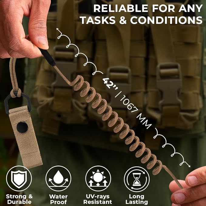 TECEUM Tactical Pistol Lanyard – 3+ Colors – Equipment Accessories for Military, Police, Security & Personal Use – Spring Safety Strap with D-Ring Keeper – Anti-Loss Elastic Coil for Belt or MOLLE