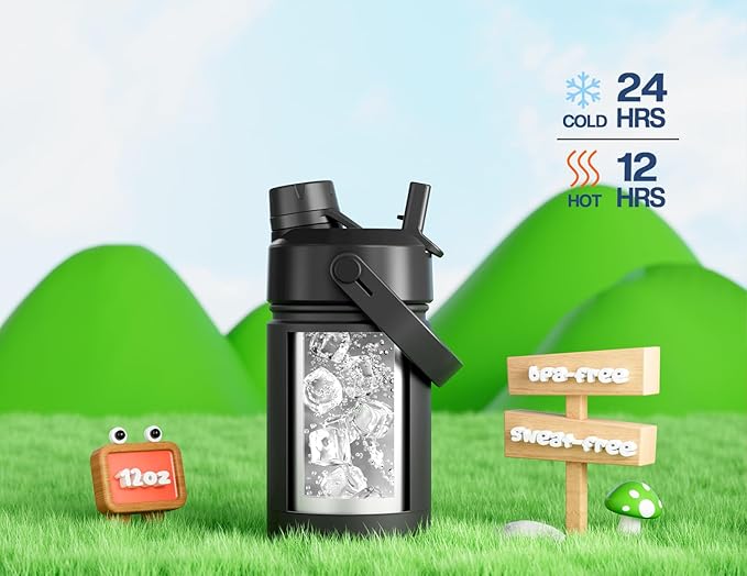 12 oz Kids Leakproof Water Bottle: 2-in-1 Straw Spout Lid, BPA-Free, Easy Carry, Keep Cold 24H, Cupholder Friendly, Stainless Steel Cup for Summer Camp, Playground, Trip, Birthday Gift (Dark Knight)