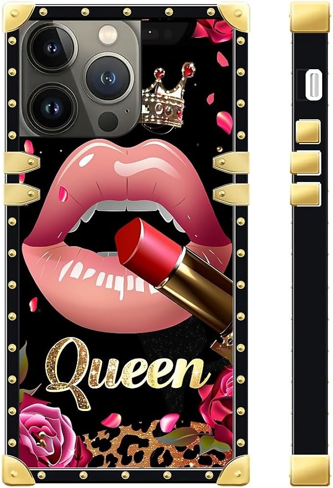 Compatible with iPhone 15 Pro Case, Glitter Red Rose Queen Leopard Lipstick Luxury Golden Decoration for Girl Women Soft TPU Shockproof Protective Hard PC Back for iPhone 15 Pro