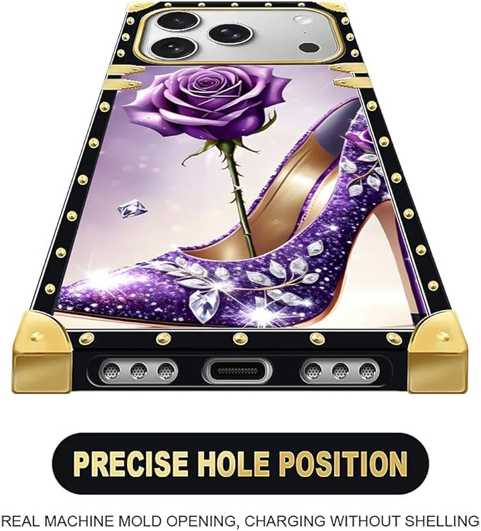 for iPhone 17 Pro Max Case Luxury Golden Decoration for Girl Women Soft TPU Shockproof Protective Hard PC Back for iPhone 17 Pro Max Crazy Pattern High Heeled Purple Diamond Rose