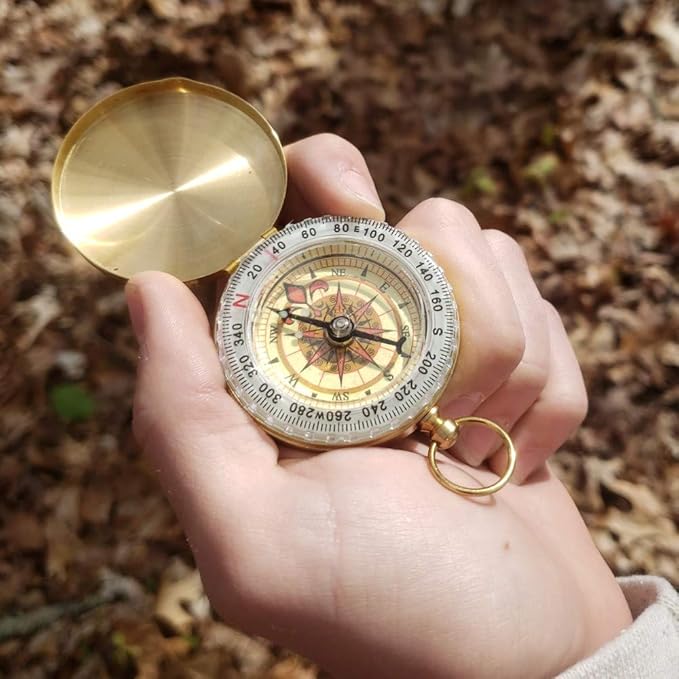 Brass Compass with Solid Brass Whistle - Survival Set - 105 Decibels - Carry in Pocket or on Necklace - Two Pieces