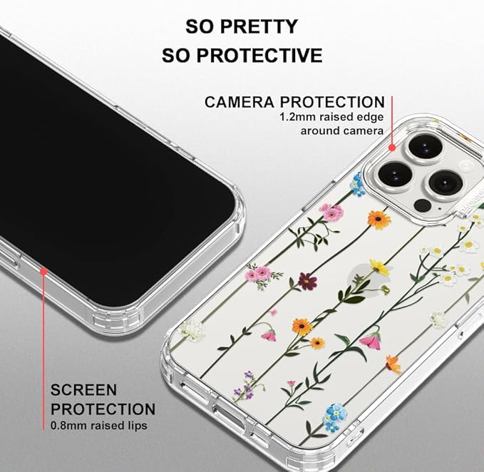 MOSNOVO Case for iPhone 15 Pro Max, [Buffertech 6.6ft Military-Grade Drop Protection] [Anti Peel Off Tech] Clear TPU Bumper Phone Case Cover Design - Wildflowers