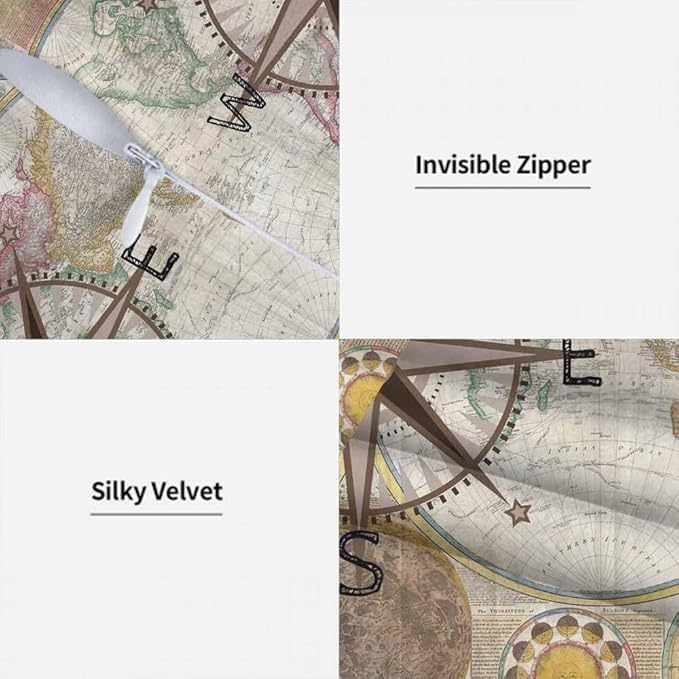 Nautical Compass Throw Pillow Covers 18x18 Historical World Map Earth Exploration Vintage Set of 2 Pillow Cases Square Velvet Outdoor Pillowcases Decorative for Home Bed Sofa Couch Hotel