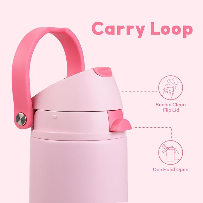 24 oz Insulated Water Bottle with Straw, Stainless Steel Water Bottle with 2-in-1 Push-Button Spout & Quick-Flip Straw, Fits Car Cupholder, Leakproof, for Gym, Travel, School, Camping, Pink