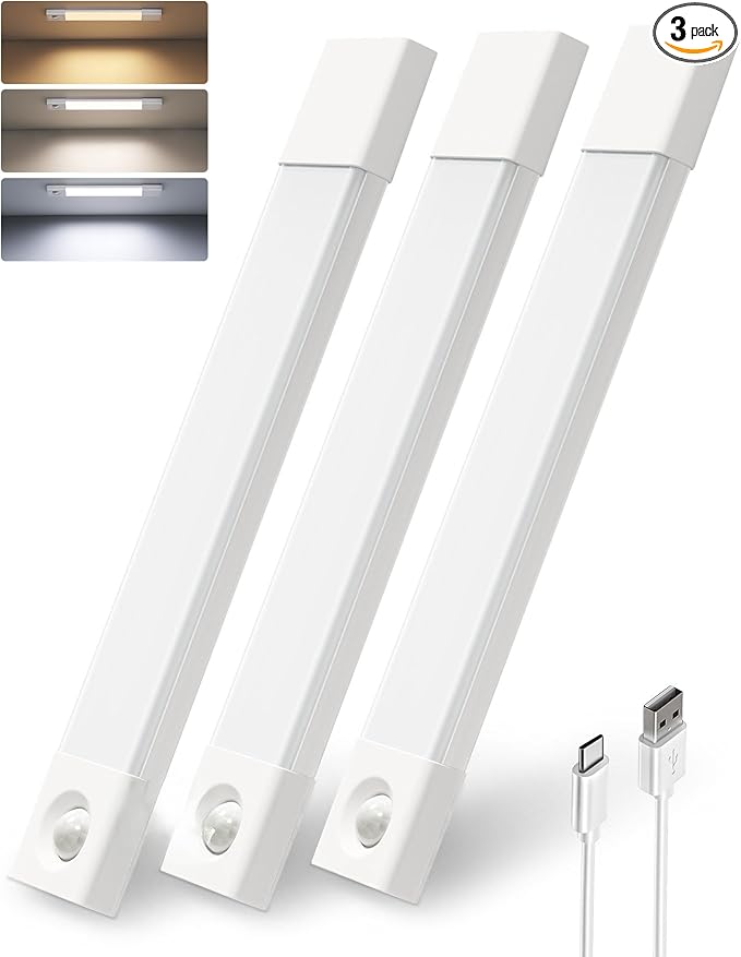 EZVALO Under Cabinet Lighting, Wireless Closet Lights, 50 LED Rechargeable Motion Sensor Light, Dimmable, 3 Color Temperatures, 11.8 inch Counter lights for Kitchen, Pantry, Bedroom, Wardrobe (3 Pack)