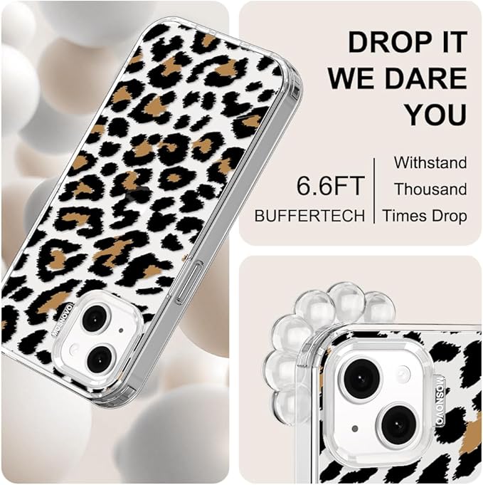 MOSNOVO for iPhone 13/14 Case | Military Grade 6.6ft Drop Tested | Clear with Leopard Print Design