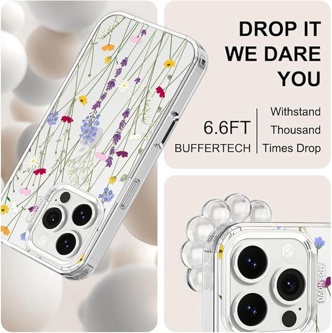 MOSNOVO Case for iPhone 16 Pro, [Buffertech 6.6ft Military-Grade Drop Protection] [Anti Peel Off Tech] Clear TPU Bumper Phone Case Cover Design - Floral Garden
