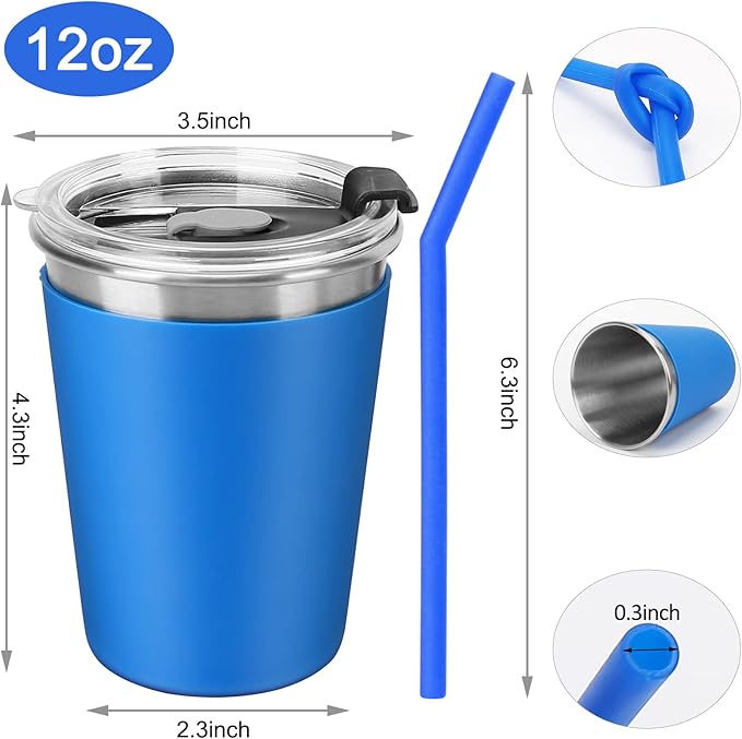 Kids Cups with Straws and Lids Leak Proof, 6 Pack 12oz Sippy Cup for Toddlers 1-3 No Spill, Spill Proof Cup Stainless Steel Kids Cups with Lids for School, Outdoor