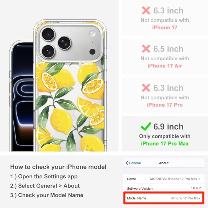 MOSNOVO for iPhone 17 Pro Max Case | Military Grade 6.6ft Drop Tested | Camera Control | Clear with Lemon Design
