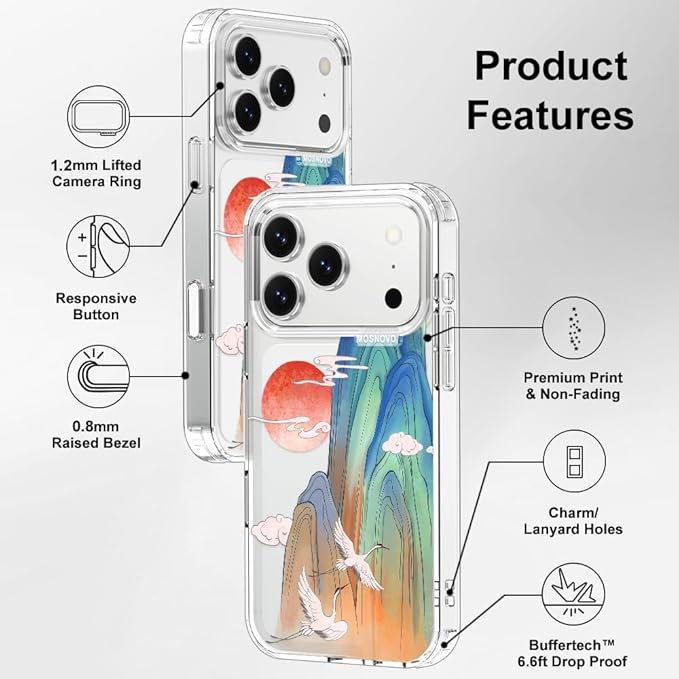 MOSNOVO for iPhone 17 Pro Case, Shockproof Military-Grade Protection 6.6ft Drop Tested, Camera Control, Clear Phone Case for iPhone 17 Pro, Celestial Cranes Design